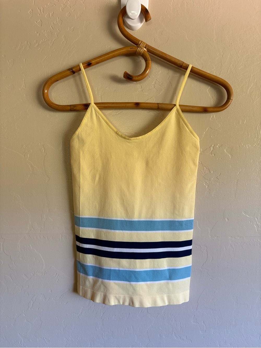 Y2K Vintage Cami Tank Top Butter Yellow Blue Stripes Seamless Camisole Size XL